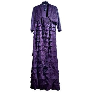 R & M Richards Women's 8 Purple Beaded Formal Tiered Ruffle Dress Gown w/Jacket